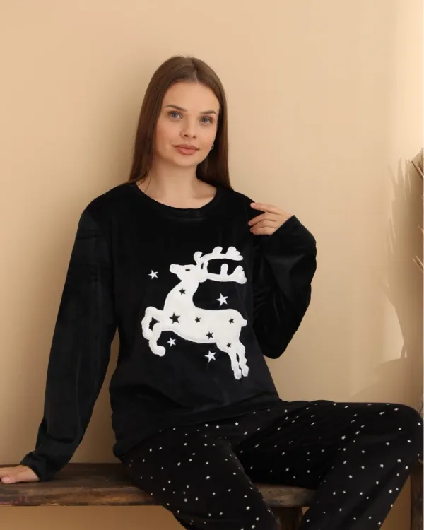 Kadife Winter Reindeer Kadın Pijama Takımı