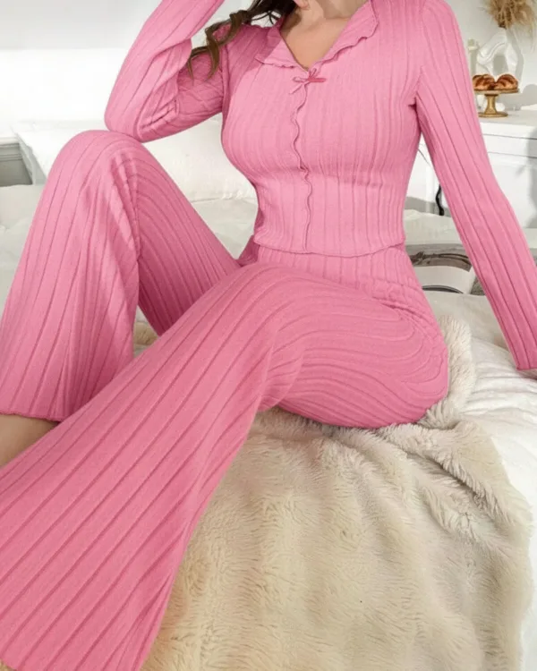 Yumuşak Pamuklu Fiyonk Detaylı Uzun Kol Pijama Takımı