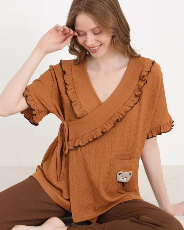Bürümcük Örme Fırfırlı Bağlamalı Kadın Sabahlık Pijama Takımı
