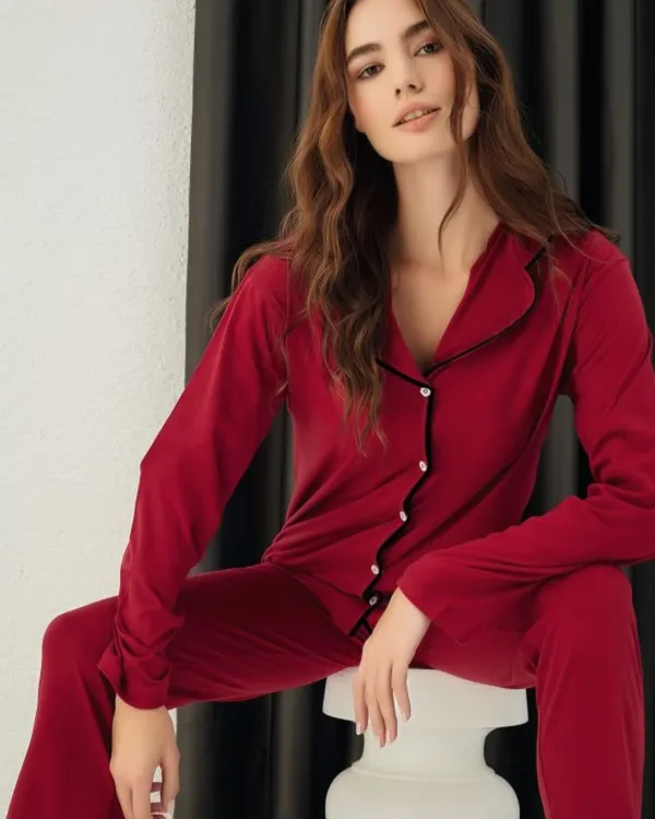 PAMUKLU DÜĞMELİ PİJAMA TAKIM