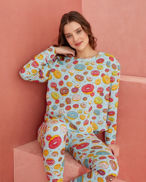 Desenli Uzun Kollu Örme Pijama Takım