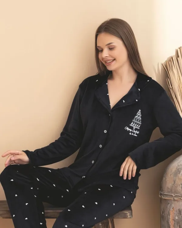 Kadife Snowy Tree Düğmeli Kadın Pijama Takımı