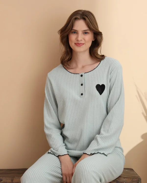 Yeşil Raporlu Waffle Örme Uzun Kol Kadın Pijama Takımı