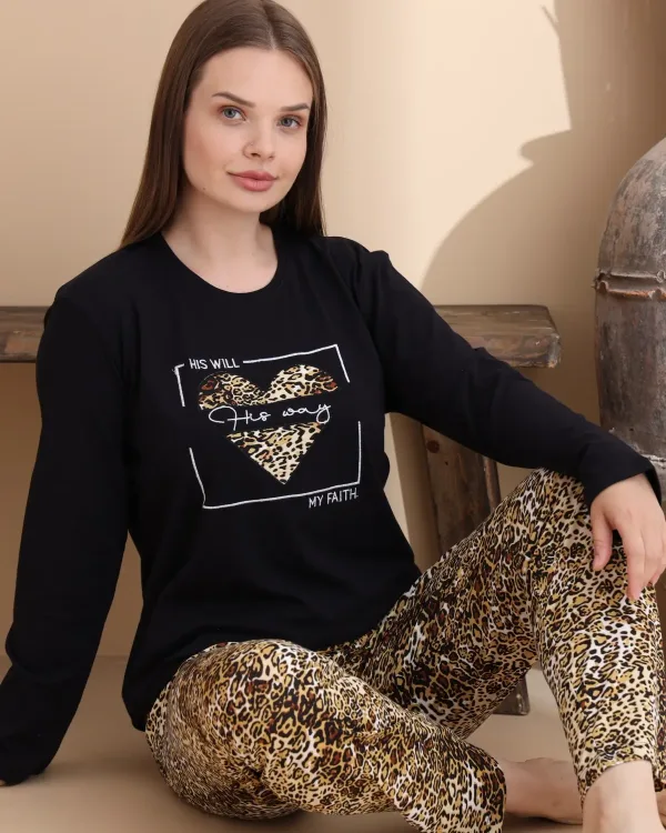Siyah Leopar Desen Pamuklu Örme Uzun Kol Kadın Pijama Takımı