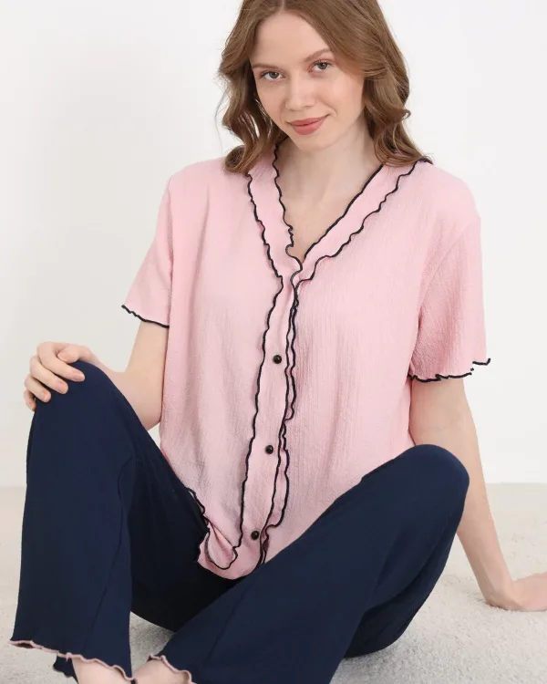 Bürümcük Örme Kısa Kol Kadın Düğmeli Pijama Takımı