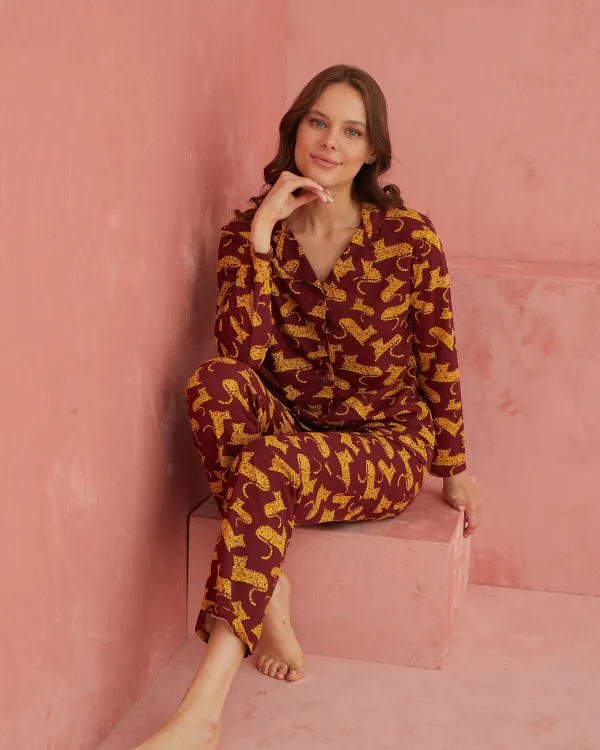 Desenli Uzun Kollu Örme Önden Düğmeli Pijama Takım