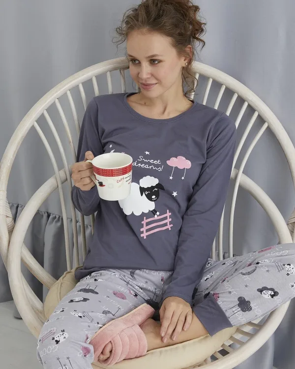 PAMUKLU UZUN KOL PİJAMA TAKIMI