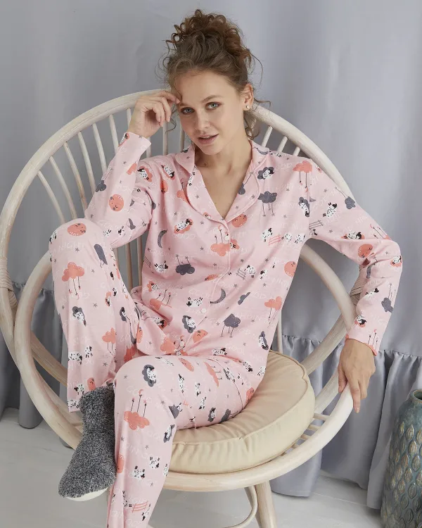 Pamuklu Bulut Ve Koyun Desenli Düğmeli Pijama Takımı