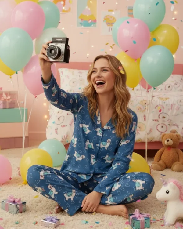 Pamuklu Kuzu Desenli Düğmeli Pijama Takımı